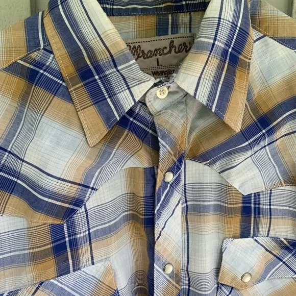 Wrangler Wrancher Pearl Snap Western Shirt Men’s Blue Plaid Size Large Cowboy - Picture 4 of 16